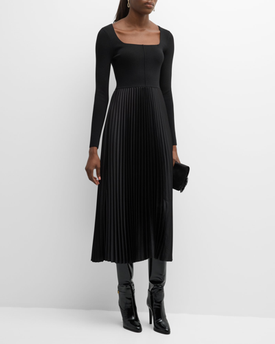 Elie Tahari The Fara Pleated Square-neck Midi Dress In Noir