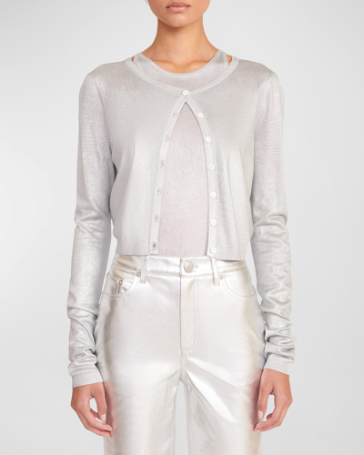 Staud Deanna Cropped Metallic Cardigan In Silver