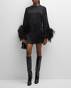 Lapointe Feather-trim Long-sleeve Satin Mini Shift Dress In Black