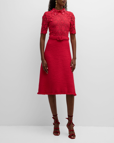 Oscar De La Renta Short-sleeve Gardenia Guipure And Tweed Midi Dress With Self-belt In Cerise
