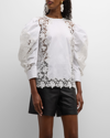 OSCAR DE LA RENTA DRAPED-SLEEVE GARDENIA GUIPURE COTTON BLOUSE