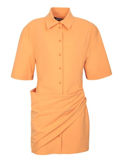 Jacquemus Camisa Draped Mini Shirt Dress In Orange