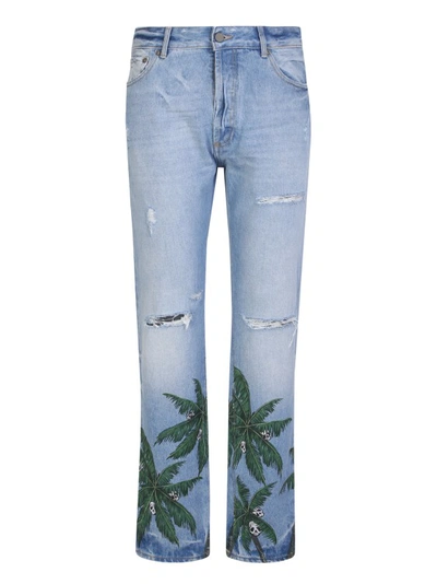 Palm Angels Palm Tree Print Jeans In Blue