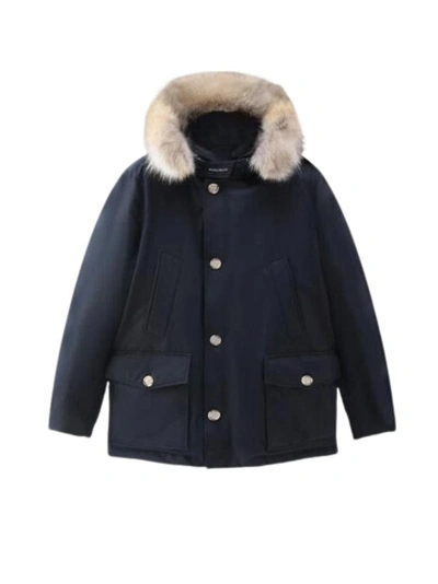 Woolrich Blue Down Filled Jacket With Fur Hood In Black