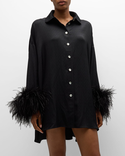 feather trim shirt dress NWT SLEEPER Black Party Long-Sleeve Feather Trim Mini Shirt Dress Sz S