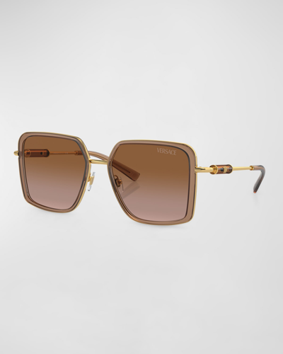 Versace Gradient Tubular Steel Square Sunglasses In Brown