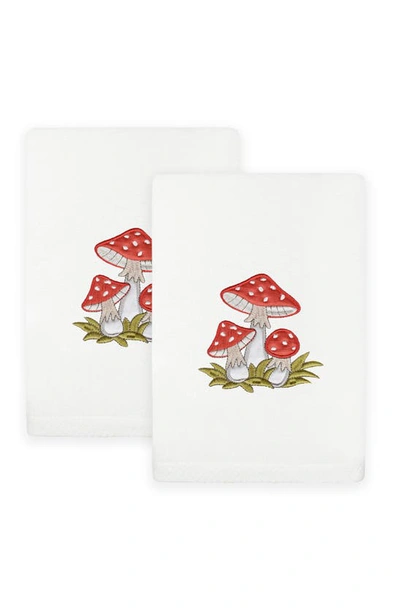 Linum Home Textiles Set Of 2 Spring Mushrooms Embroidered Luxury Hand Towels In White