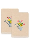 LINUM HOME TEXTILES SET OF 2 SPRING WATERING CAN FLORAL EMBROIDERED TURKISH COTTON HAND TOWELS