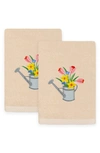 Linum Home Textiles Set Of 2 Spring Watering Can Embroidered Luxury Hand Towels In Sand