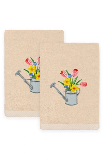 Linum Home Textiles Set Of 2 Spring Watering Can Embroidered Luxury Hand Towels In Sand