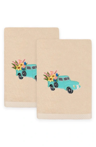 Linum Home Textiles Set Of 2 Spring Truck Embroidered Luxury Hand Towels In Sand