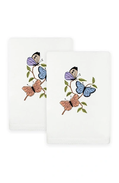 Linum Home Textiles Set Of 2 Spring Butterflies Embroidered Luxury Hand Towels In White