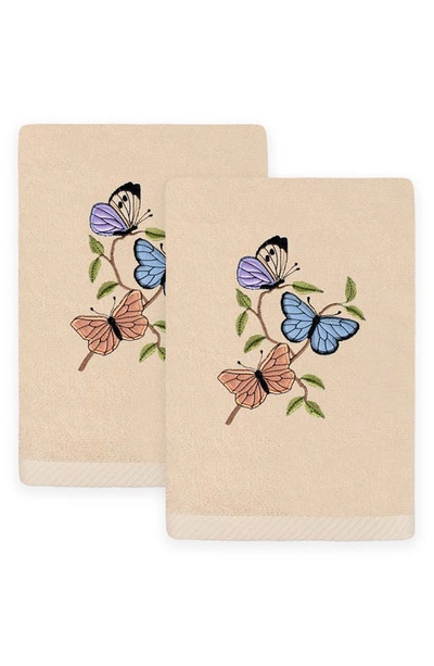 Linum Home Textiles Set Of 2 Spring Butterflies Embroidered Luxury Hand Towels In Sand