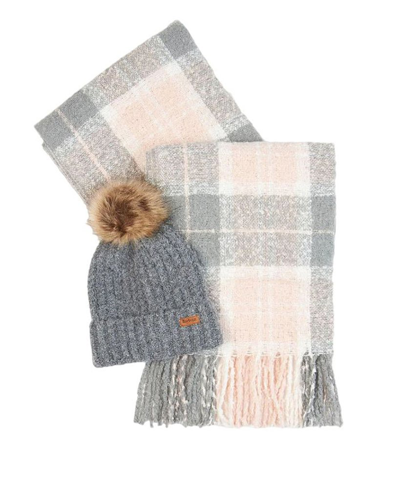 Barbour Saltburn Beanie And Tartan Scarf (set Of Two) In Grey