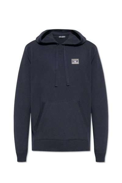 Dolce & Gabbana Logo Plaque Knitted Drawstring Hoodie In Navy