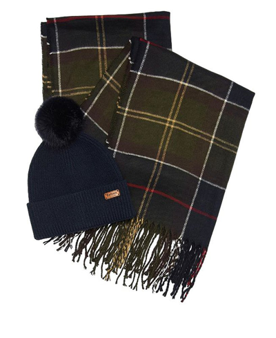 Barbour Tartan Scarf And Hat Set In Blue