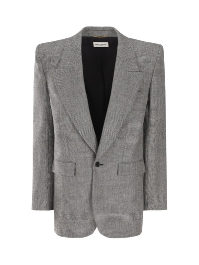 Saint Laurent Prince Of Wales Motif Single-breasted Jacket In Grey