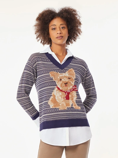 Jones New York Holiday Dog V-neck Sweater In Multi