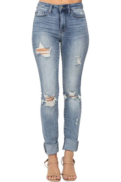 Judy Blue High Waist Heavily Destroyed Tall Skinny Jean In Light Wash In Blue