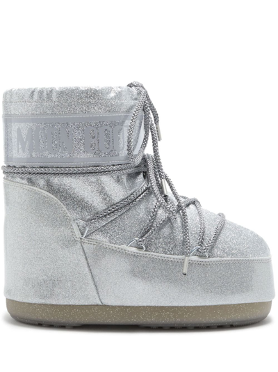 Moon Boot Icon Glitter Lace-up Short Snow Boots In Silver