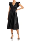 EN SAISON WOMENS FAUX LEATHER FLUTTER SLEEVE MIDI DRESS