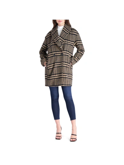 Avec Les Filles Womens Brushed Faux Wool Plaid Overcoat In Brown