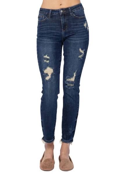 JUDY BLUE DESTROYED RELAXED FIT JEAN IN DARK WASH
