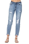 JUDY BLUE DESTROYED HEM BLEACH SPLASH BOYFRIEND JEAN IN LIGHT WASH