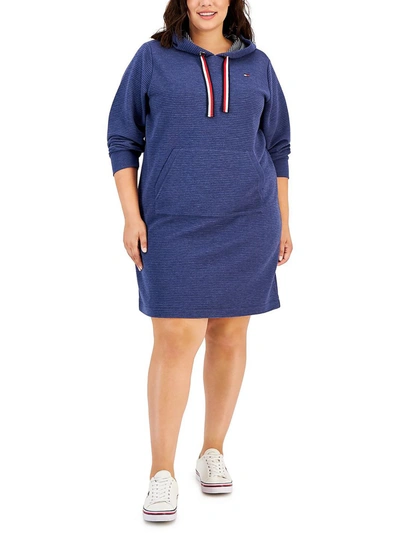 Tommy Hilfiger Plus Ottoman Womens Hoodie Mini Sweatshirt Dress In Blue