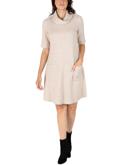 Signature By Robbie Bee Petites Womens Cowlneck Mini Sweaterdress In Beige