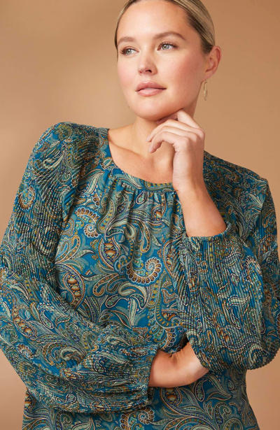 Jjill J.jill Paisley Pleated-sleeves Tunic In Bright Teal Ornate Paisley