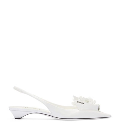 Prada Brushed Leather Slingback Pumps With Floral Appliques In White
