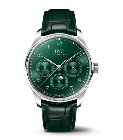 Iwc Schaffhausen Stainless Steel Portugieser Perpetual Calendar Watch 42mm In Green