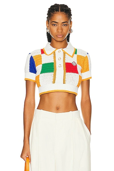 Casablanca Check Crochet Short-sleeve Crop Polo Shirt In Multi