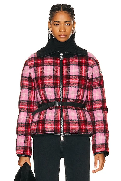 Moncler Zambeze Wool Check Belted Puffer Jacket In Pink Plaid