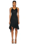 Bally Asymmetric Midi Dress With Ruffle Hem And V-neck In Black