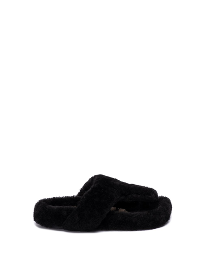 Loewe Ease Shearling Thong Sandals In Black