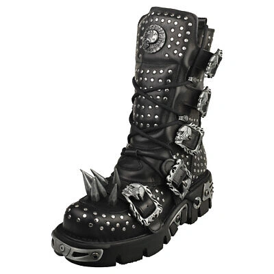 Pre-owned New Rock Rock Boot Metallic M-1535-s1 Unisex Black Silver Platform Boots