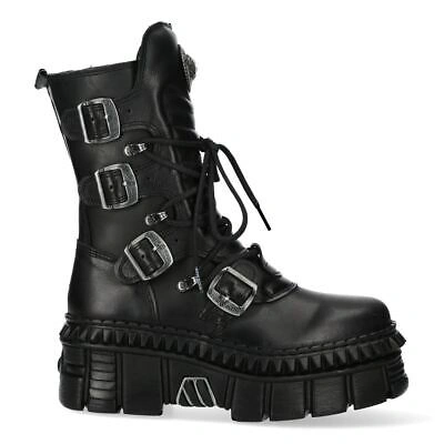 Pre-owned New Rock Rock Boots Punk Wall373-s6 Unisex Metallic Black Leather Platform Emo