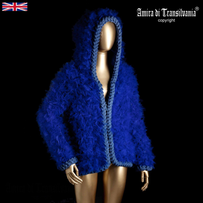 Pre-owned Fashion Woman Clothing Elegant  Overcoat Faux Fur Tulle Luxury Hooded Jacket Coat In Blue