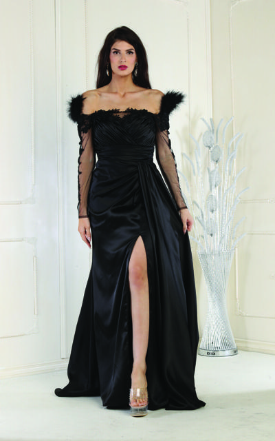 Pre-owned Designer Royal Queen Rq8002 Feather Sheer Long Sleeves High Slit Formal Dress