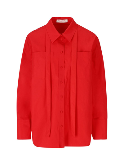 Valentino Tie-neck Cotton-poplin Shirt In Red