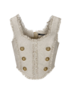Balmain Beige Crop Top In Linen And Silk With Fringes In White