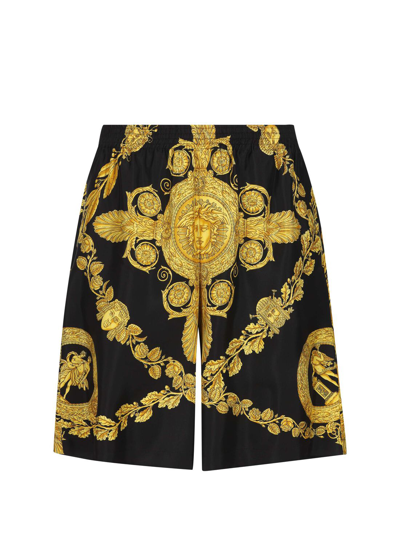 Versace Printed Silk Shorts In Black/gold