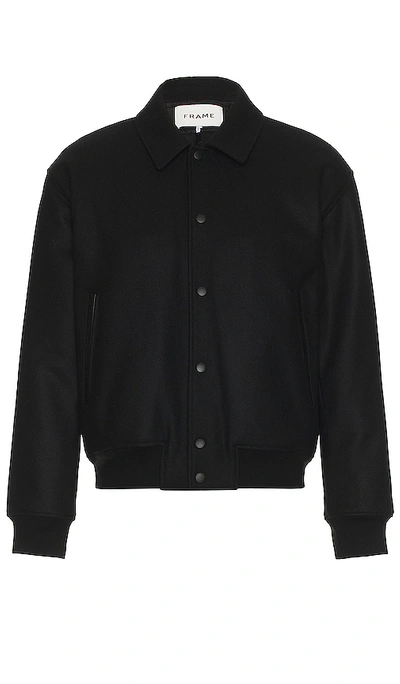 Frame Leather-trim Wool Varsity Jacket In Black