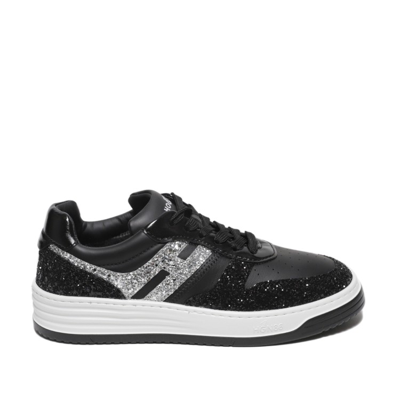 HOGAN BLACK LEATHER AND GLITTER FABRIC SNEAKERS
