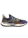 FLOWER MOUNTAIN YAMA SNEAKERS IN PURPLE SUEDE AND GREEN FUR WITH BROWN INSERTS