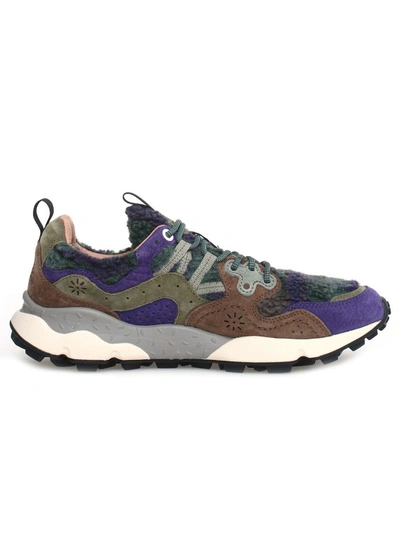 Flower Mountain Yama Sneakers In Purple Suede And Green Fur With Brown Inserts In Multicolor