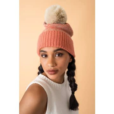Powder Thora Bobble Hat In Coral And Taupe In Pink