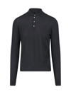 Drumohr Fitted Black Merino Wool Long Sleeve Polo In Black